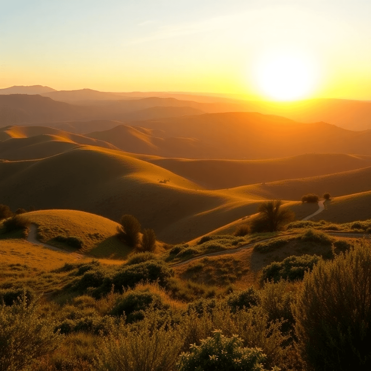 A picturesque landscape of rolling hills in Diablo Grande, California, illuminated by a golden sunset, featuring winding trails and lush greenery.