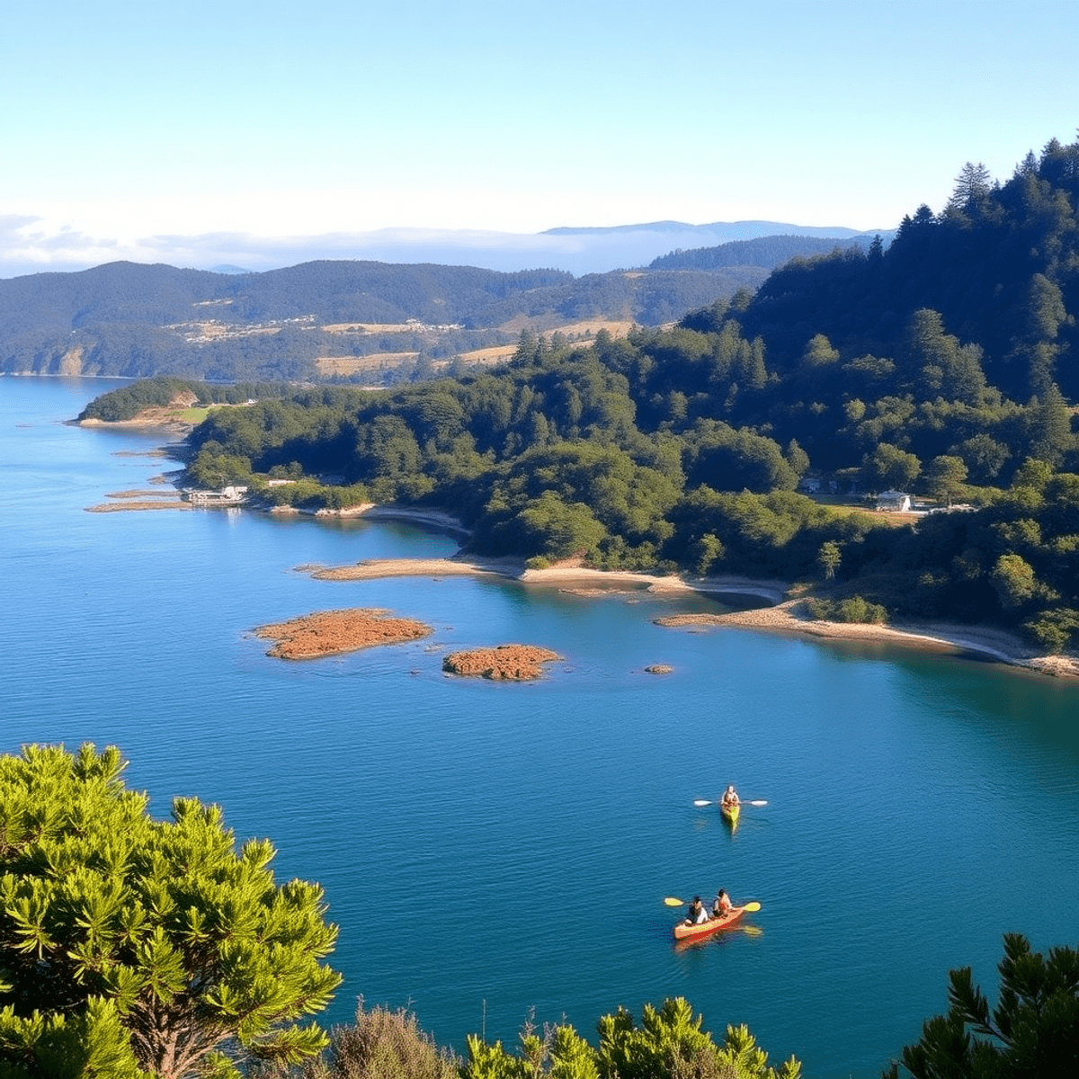 Scenic view of Inverness, California, featuring lush greenery, a tranquil coastline, and kayakers on Tomales Bay, capturing the romance and adventu...