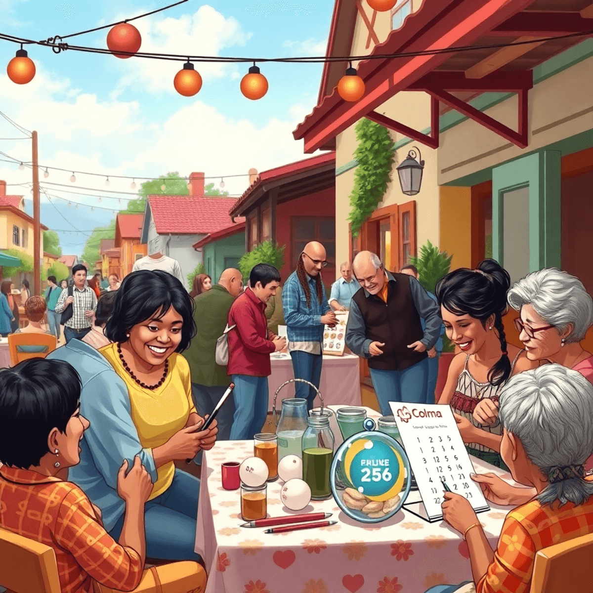 A lively community gathering in Colma with people engaging in bingo and painting, surrounded by charming buildings and greenery, reflecting a warm,...