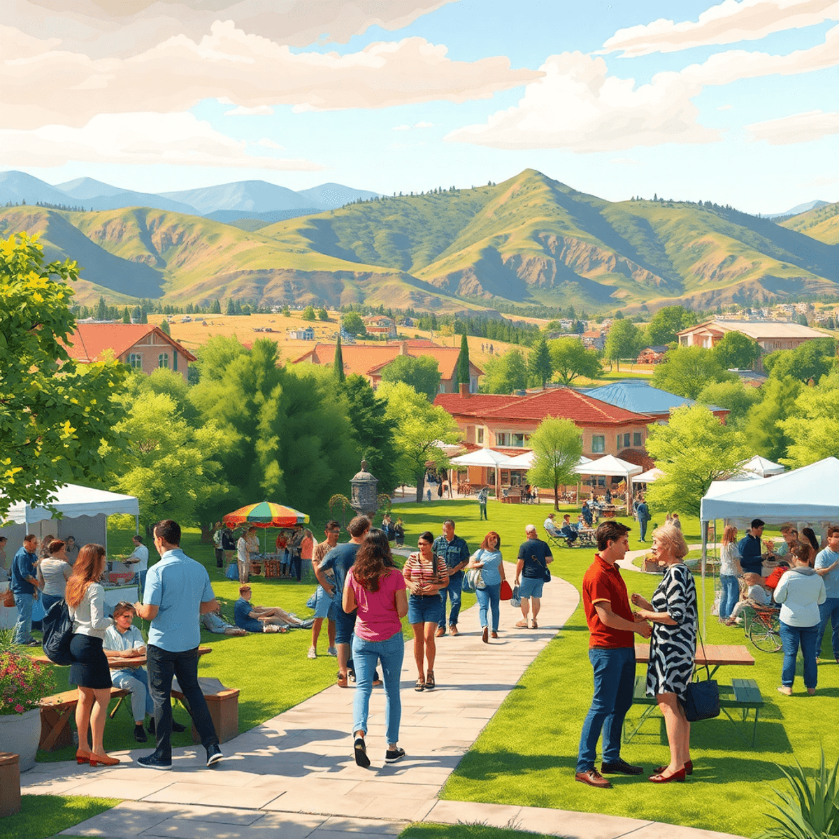A lively outdoor scene in Green Valley, California, showcasing community festivals and people socializing in parks, surrounded by beautiful natural...