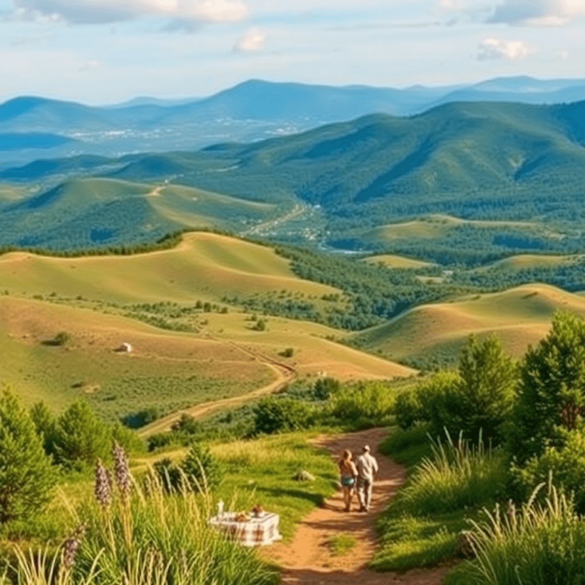 Scenic view of Montague, California, featuring rolling hills, lush greenery, and a winding hiking trail, with a cozy picnic setup and a couple enjo...