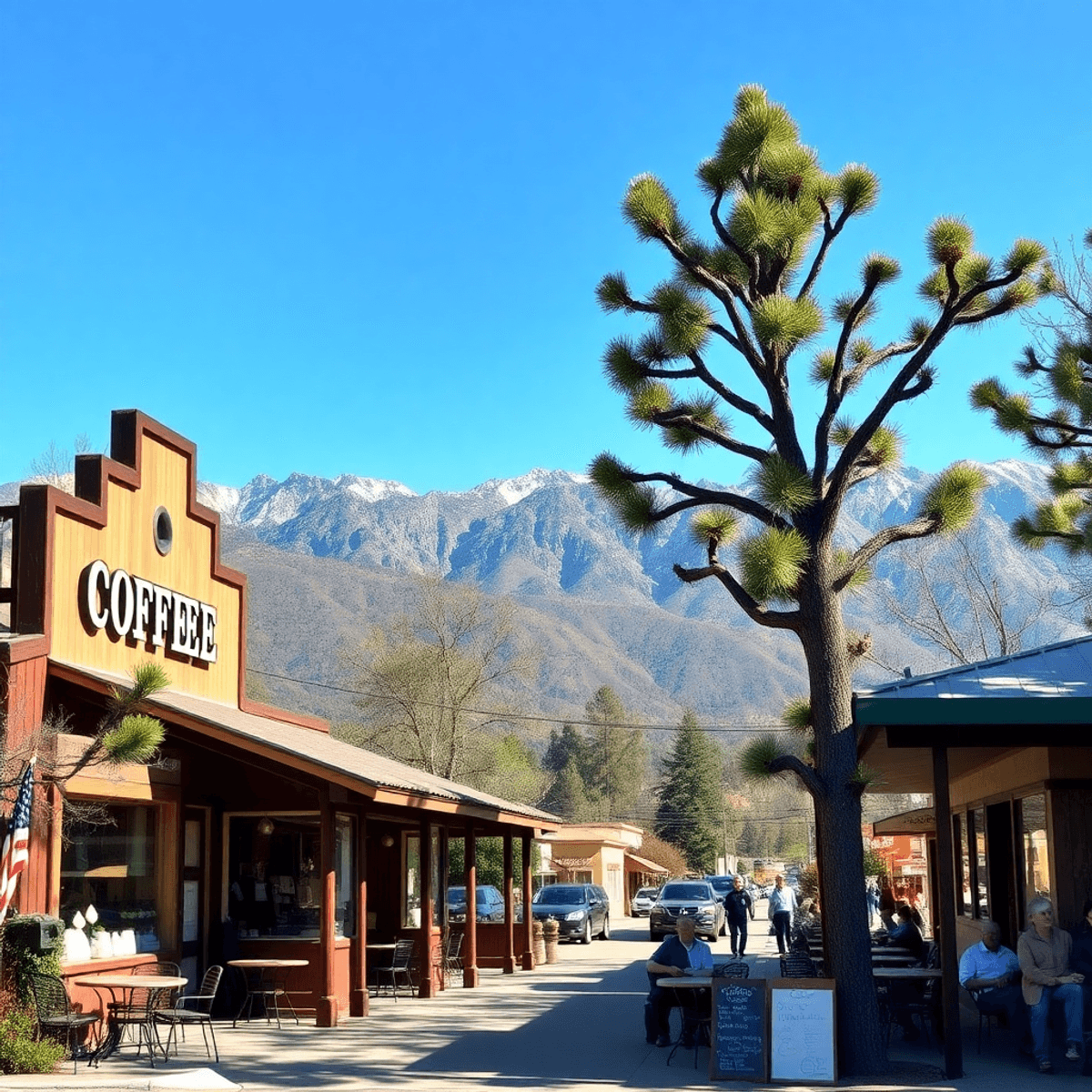 A cozy coffee shop with outdoor seating in the foreground, framed by the stunning Sierra Nevada mountains and locals enjoying hiking trails nearby.