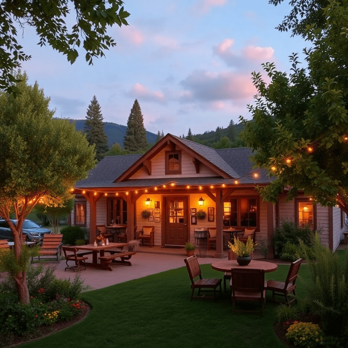 A charming small-town clubhouse surrounded by lush greenery, adorned with fairy lights and outdoor seating, creating a welcoming atmosphere for com...