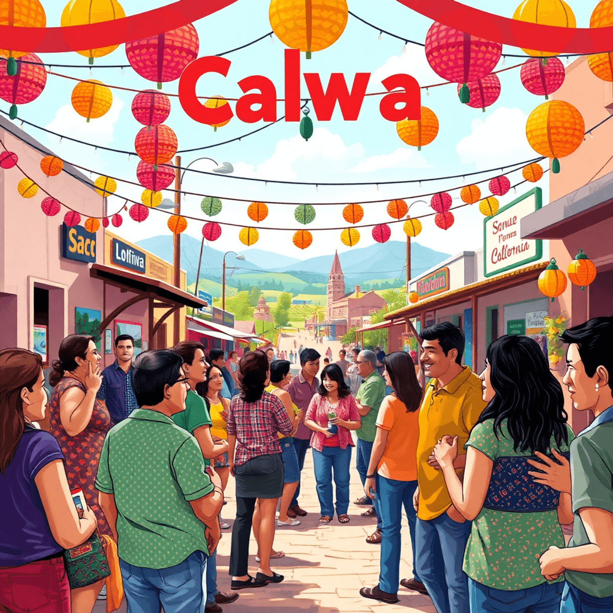 A lively community gathering in Calwa, California, with colorful decorations and people engaging in friendly conversations, set against charming lo...