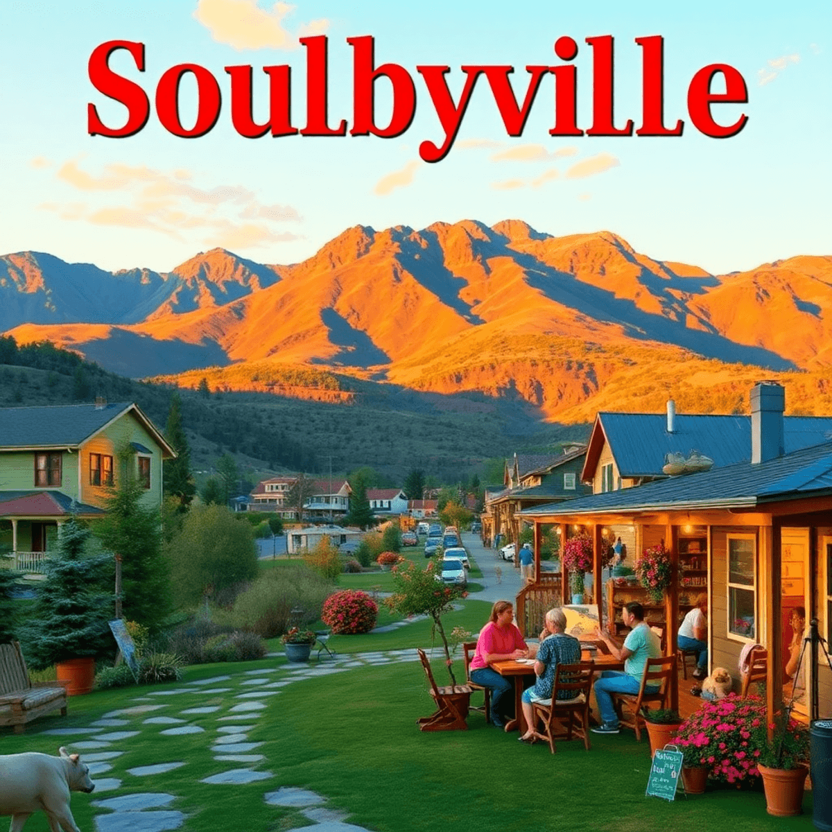 A cozy mountain landscape in Soulsbyville, California, showcasing a community paint and sip night surrounded by nature, with vibrant colors and a w...