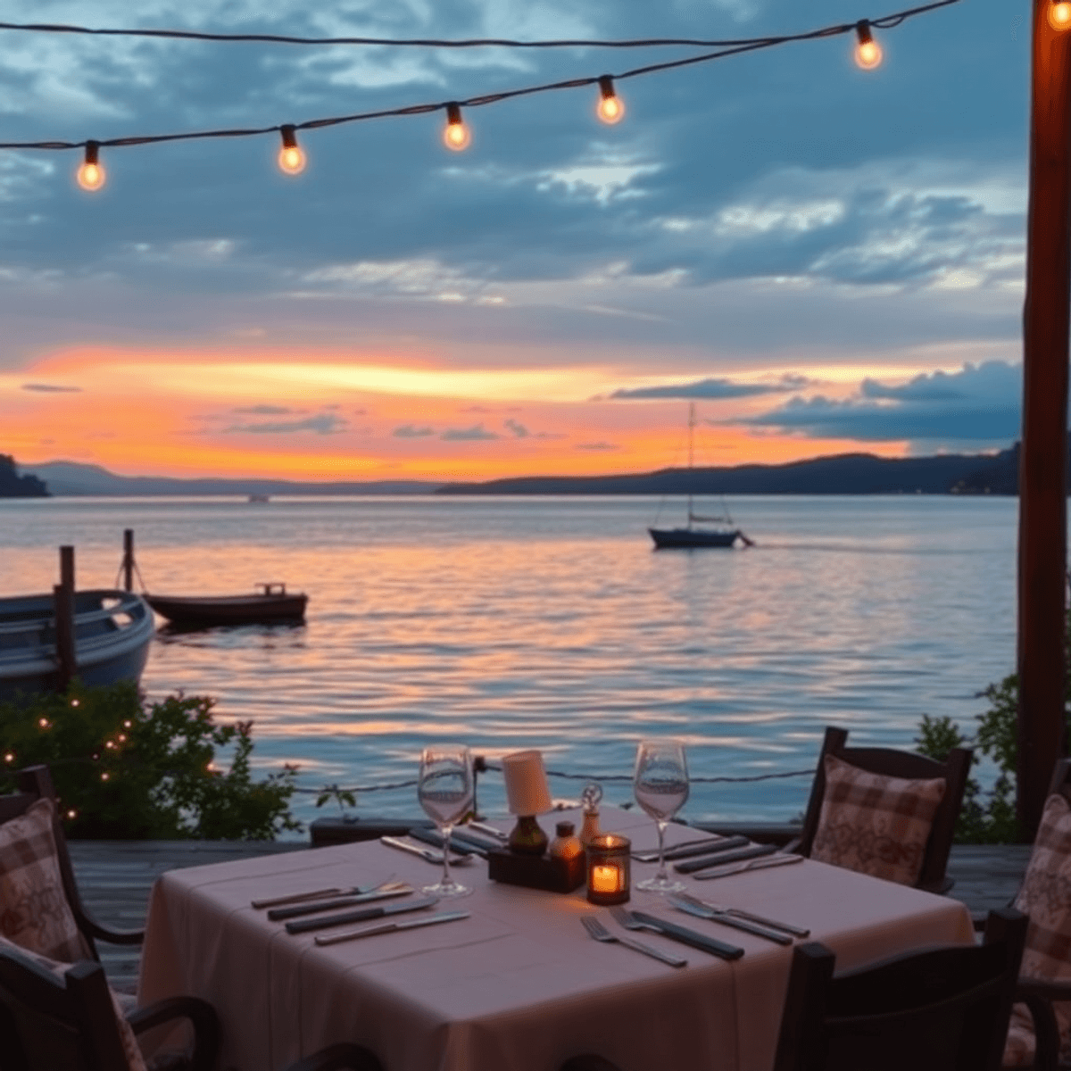 A serene bay at sunset with a small boat on the water, and a cozy outdoor dining setup adorned with twinkling lights, creating an inviting atmosphere.