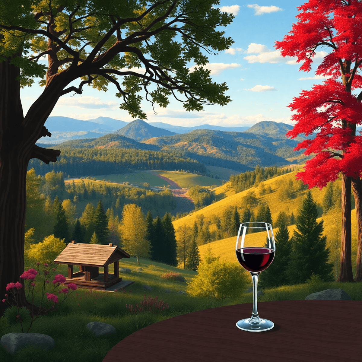 A scenic view of Redwood Valley with tall redwood trees, rolling hills, a cozy wine tasting setup, hiking trails, and a warm, inviting atmosphere.