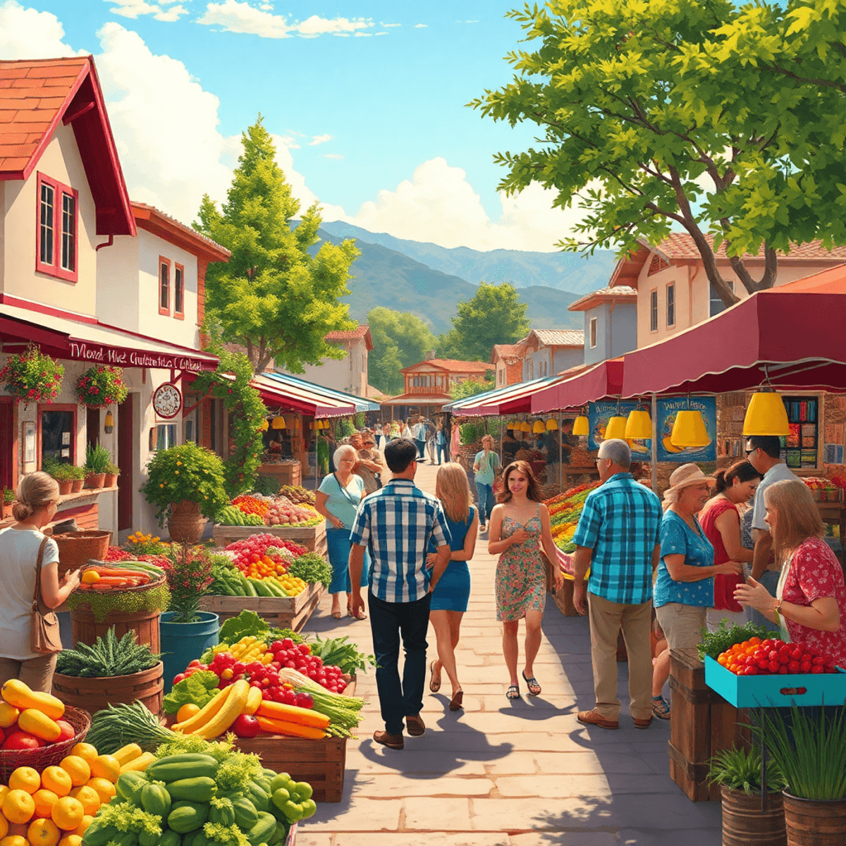 A lively farmers' market in a charming California town, filled with colorful stalls, couples chatting, and people enjoying the warm atmosphere of c...