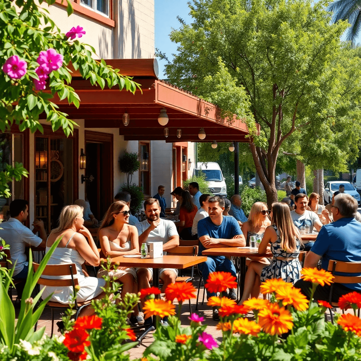 A lively outdoor café scene in Lakeview, California, featuring singles engaging in conversation amidst lush greenery and colorful flowers, creating...