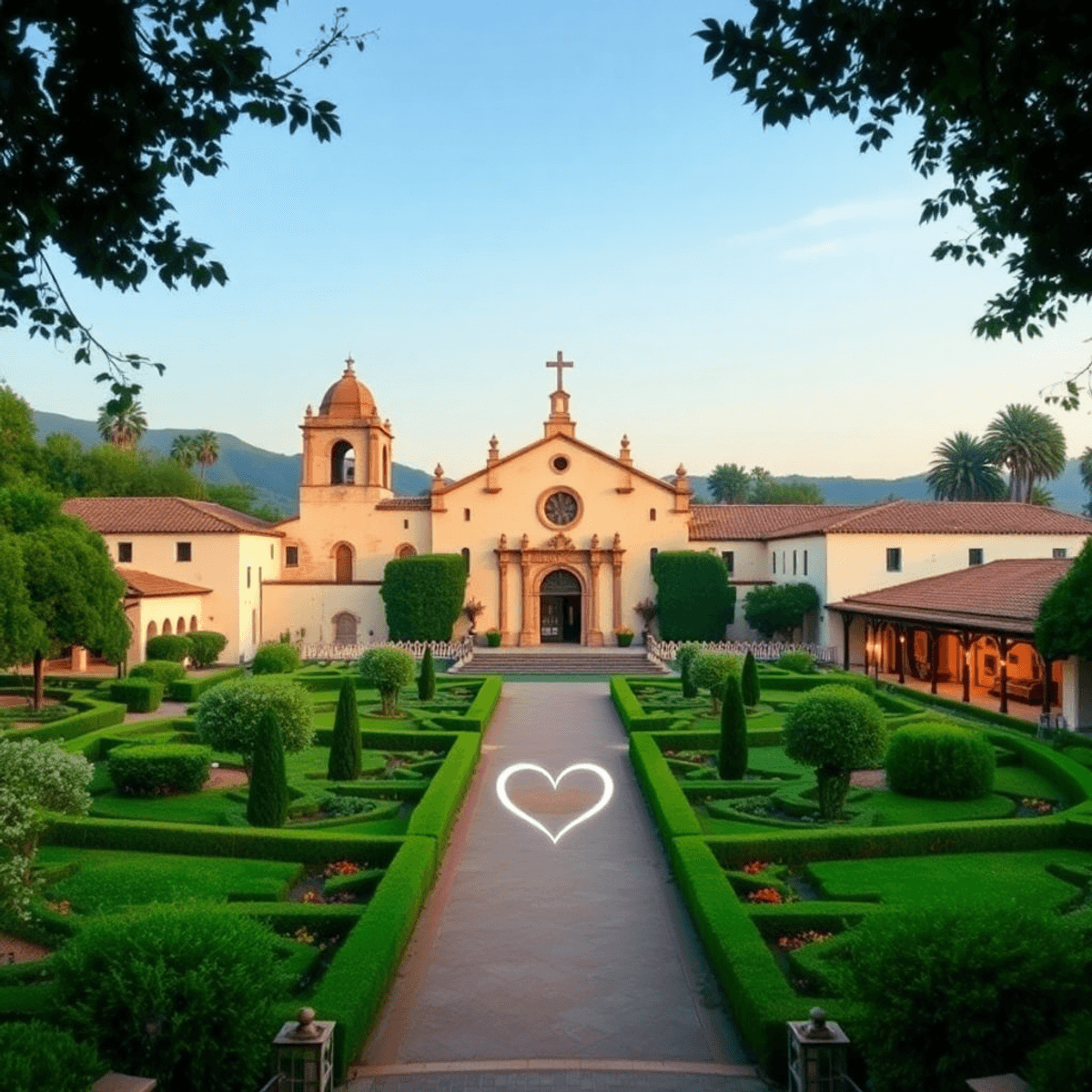 A scenic view of Mission San Juan Bautista, framed by lush gardens and charming architecture, featuring soft lighting and subtle heart shapes in th...