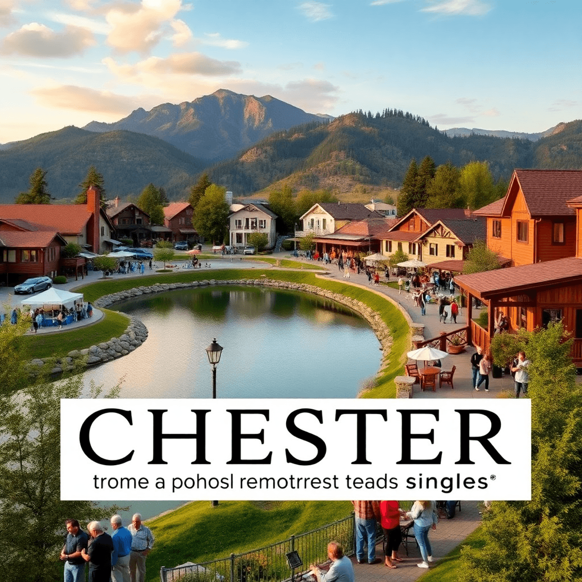 A scenic view of Chester, California, featuring a lake and lively outdoor events, capturing the town's charm and community spirit amidst stunning n...