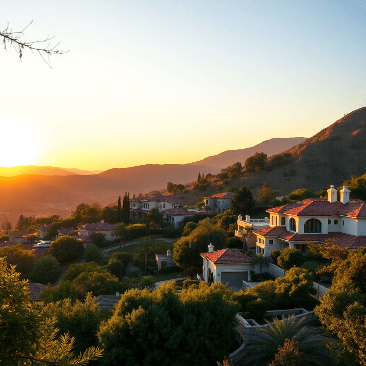 A scenic view of Hidden Hills, California, highlighting elegant homes in a gated community with lush greenery and a warm sunset illuminating the Sa...