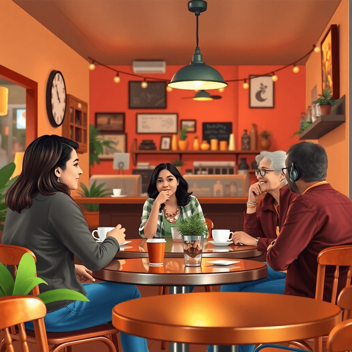 A cozy café in Parkwood, California, filled with warm lighting and inviting decor, where a group of singles engages in lively conversation over cof...
