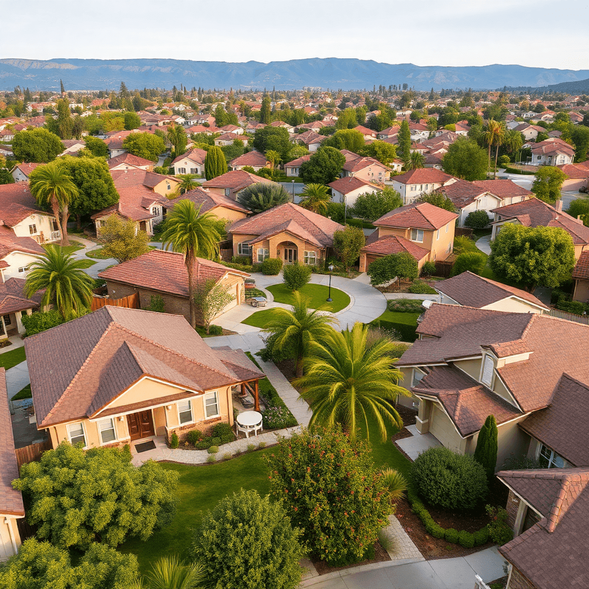 A cozy suburban neighborhood in California with charming homes, large yards, lush greenery, intimate parks, and friendly gatherings, evoking warmth...