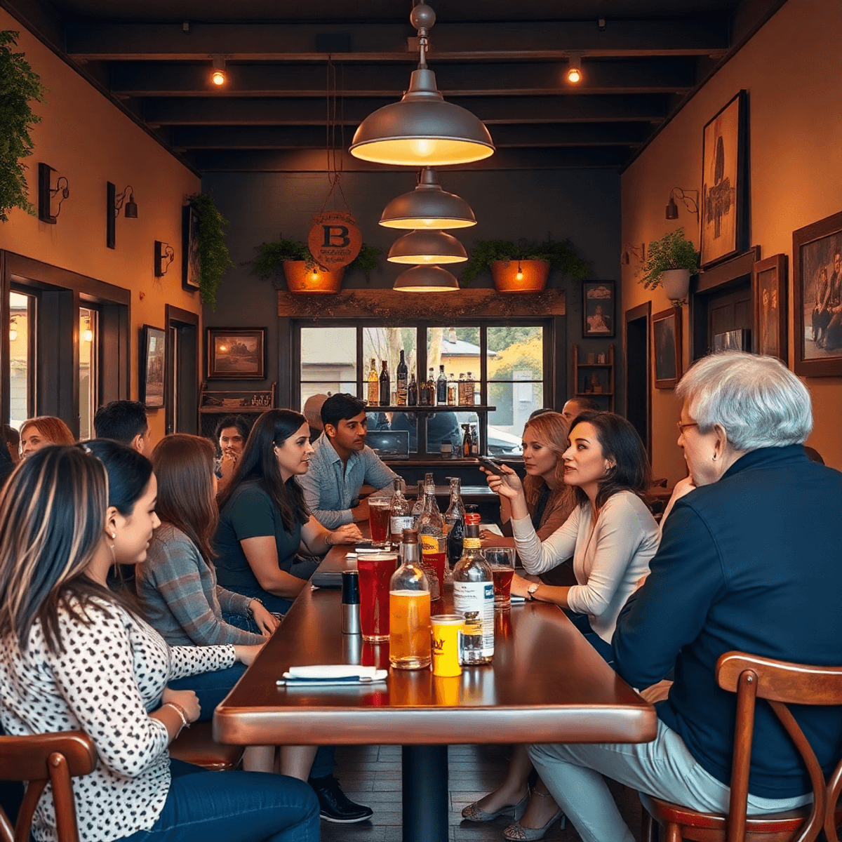 A cozy small-town cafe bustling with singles engaged in friendly conversations, warm lighting, and inviting decor creating a vibrant atmosphere of ...