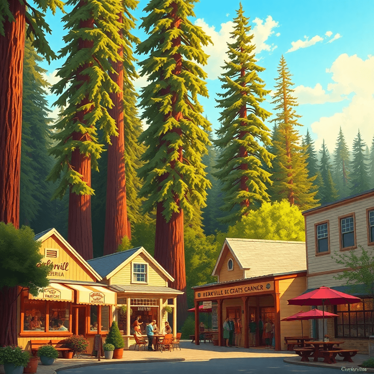 A scenic view of Garberville, California, featuring tall redwoods, a cozy café, a lively community event, and hints of hiking trails amidst warm, i...