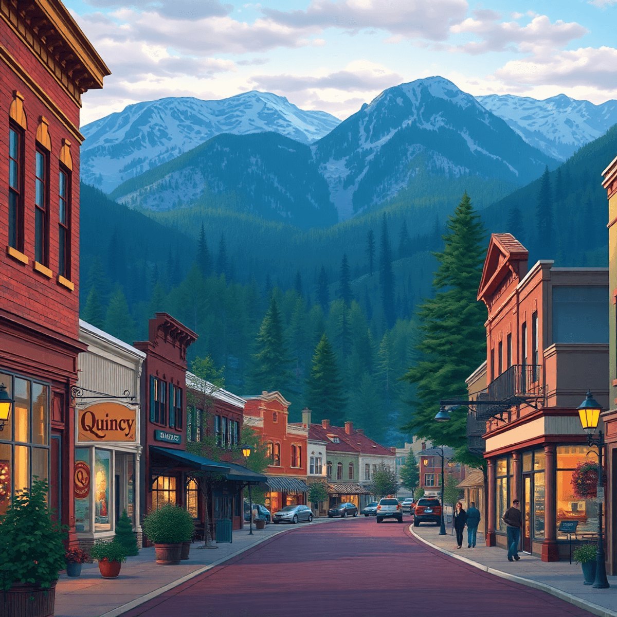 Charming main street in Quincy with historic buildings and local shops, framed by Sierra Nevada mountains and lush forests, creating a warm, inviti...