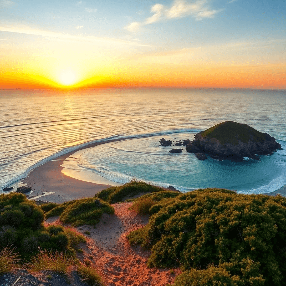 A scenic coastal landscape of Black Point-Green Point, California, with beautiful beaches and lush hiking trails under a vibrant sunset, evoking ro...