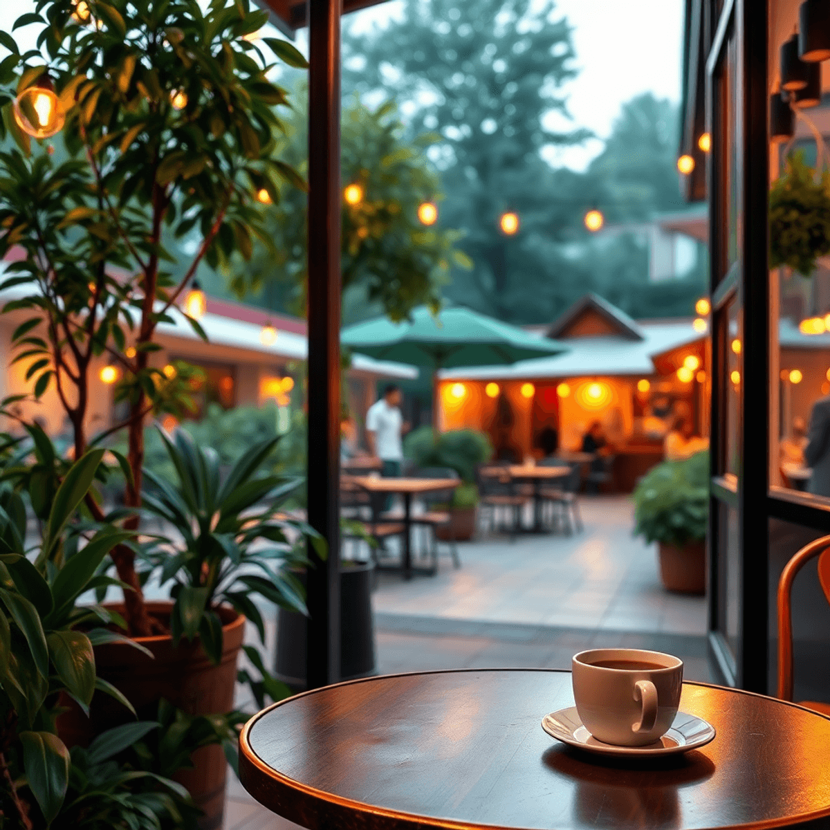 A cozy café with warm lighting, a coffee cup on a small table, surrounded by lush greenery and an inviting outdoor space, creating an intimate atmo...