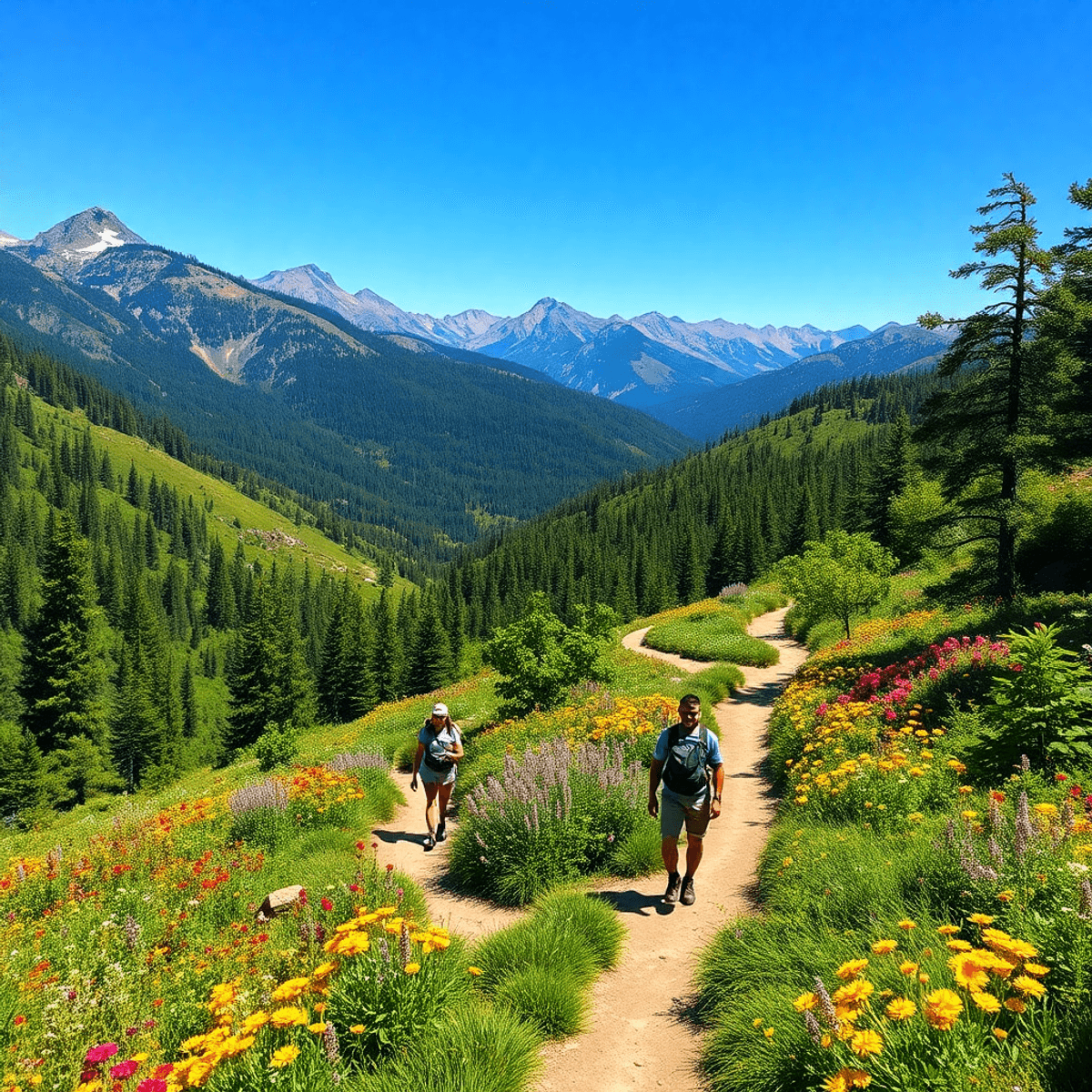 A scenic view of the Sierra Nevada mountains with a winding hiking trail, vibrant wildflowers, and a couple enjoying their hike under a clear blue ...