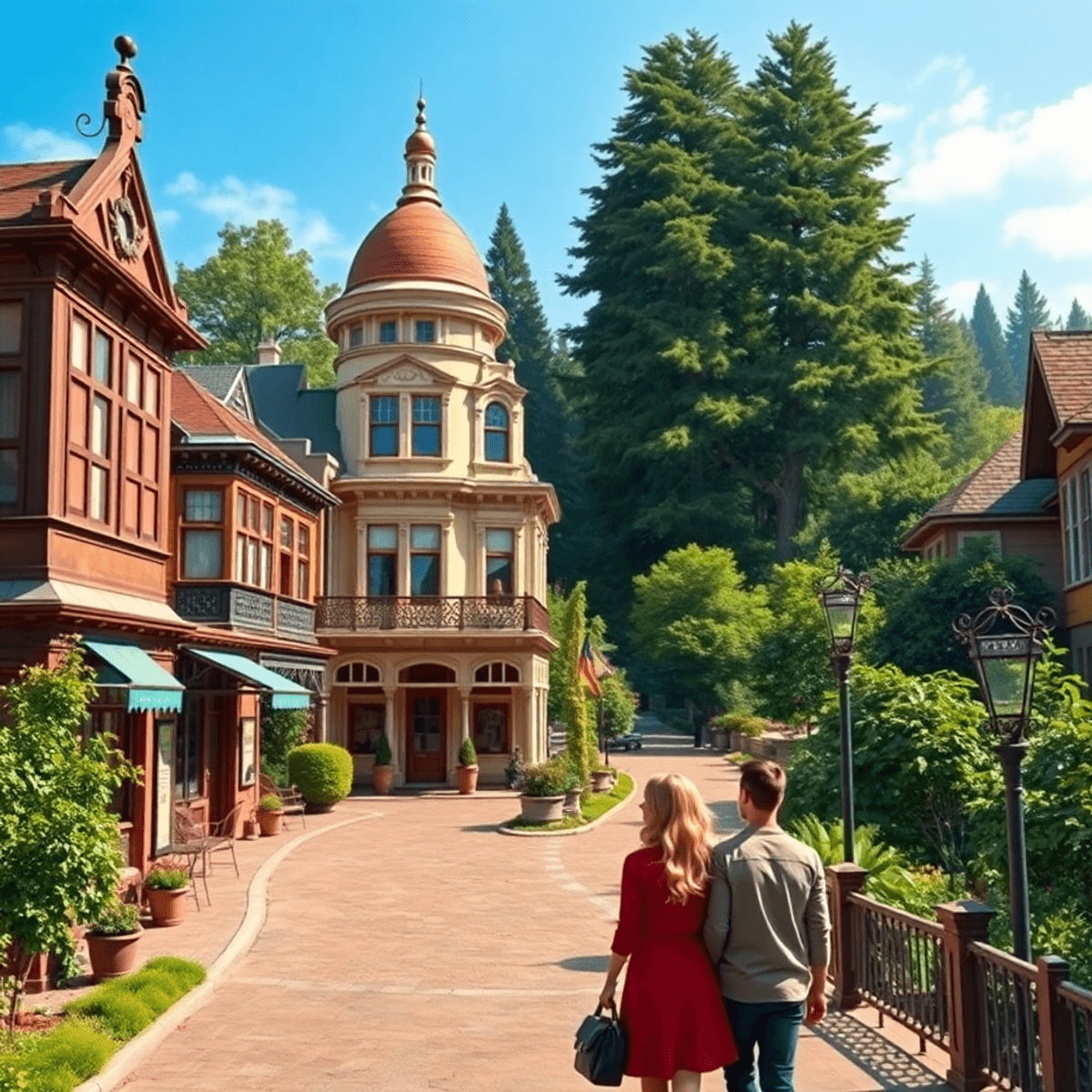 A picturesque Victorian village scene in Ferndale, California, showcasing ornate buildings, cozy cafes, and hikers amidst lush greenery and redwood...
