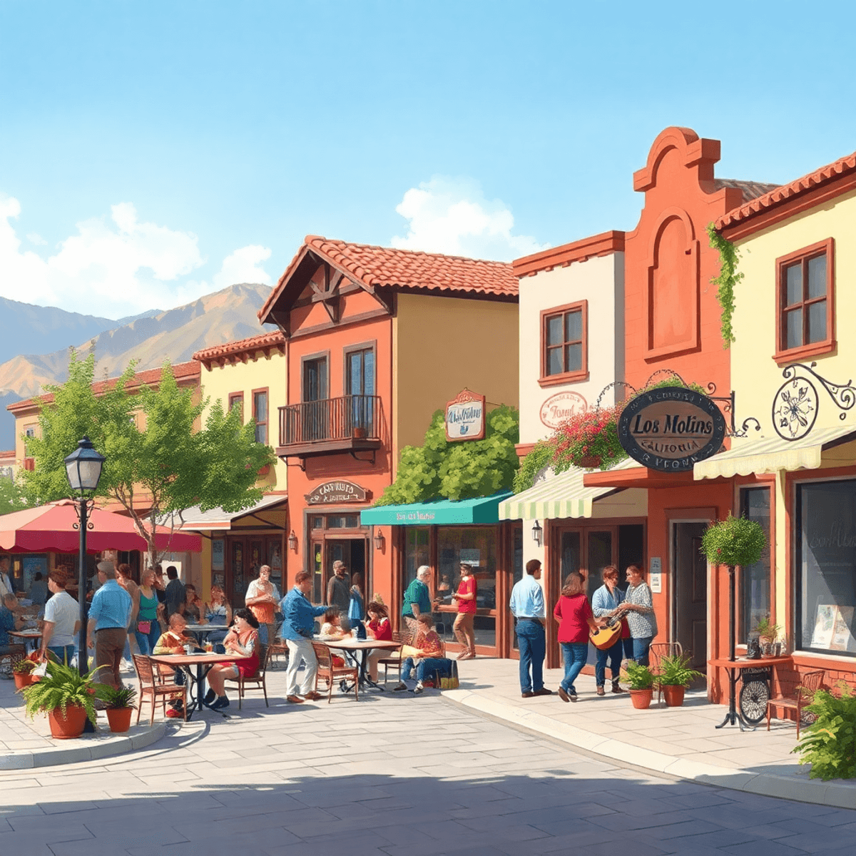 A vibrant small-town scene in Los Molinos, California, showcasing outdoor cafes and people socializing under a sunny sky, reflecting warmth and com...
