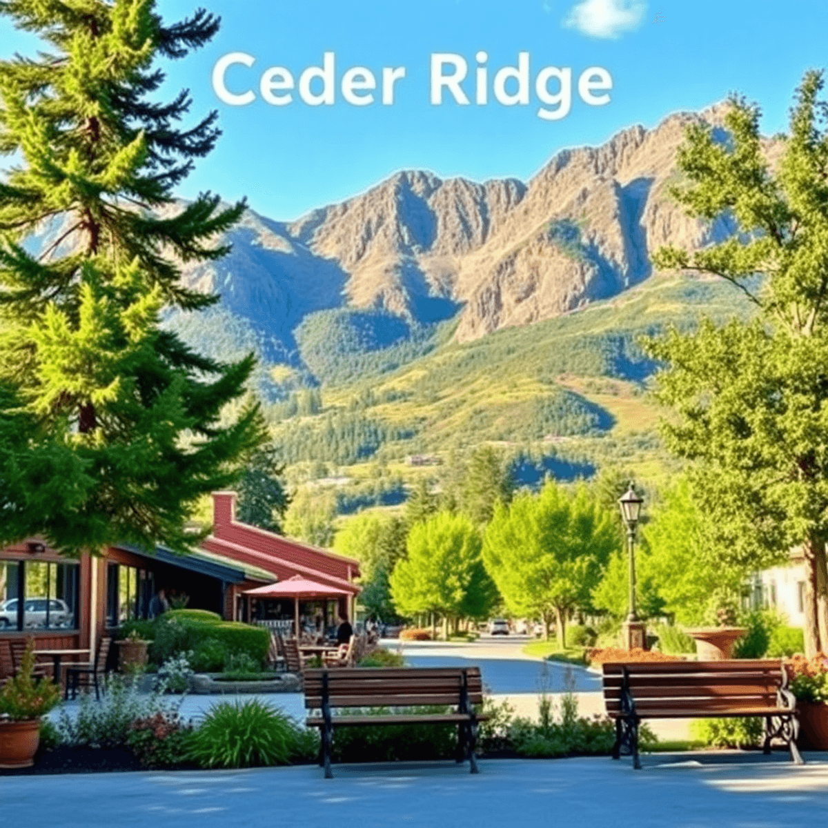 A scenic view of Cedar Ridge, California, featuring lush mountains, a cozy café, and a park bench, evoking warmth and community in a small-town set...