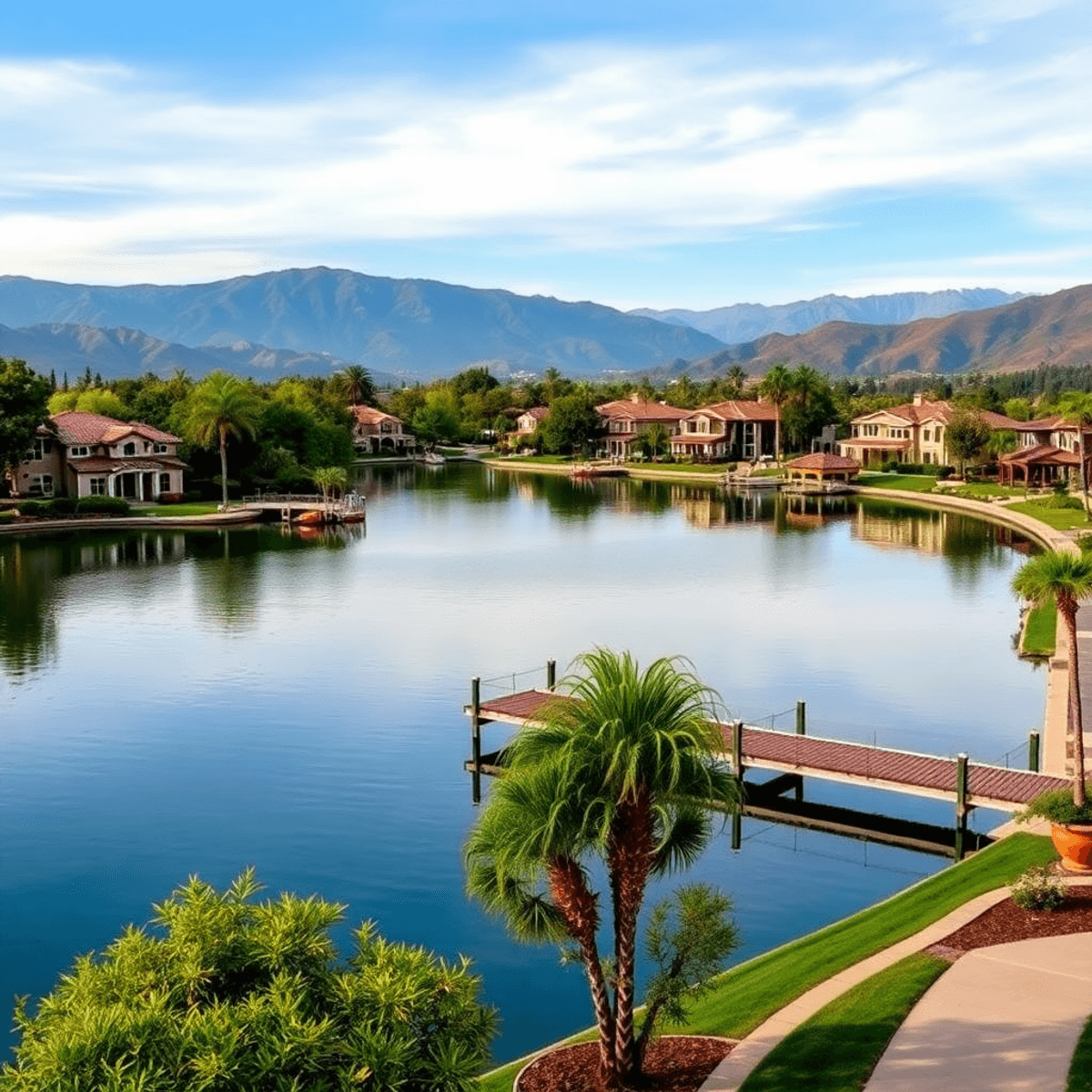 A tranquil lake view in Lake Sherwood, showcasing Mediterranean-style homes, calm waters, private docks, and scenic mountain vistas, evoking luxury...