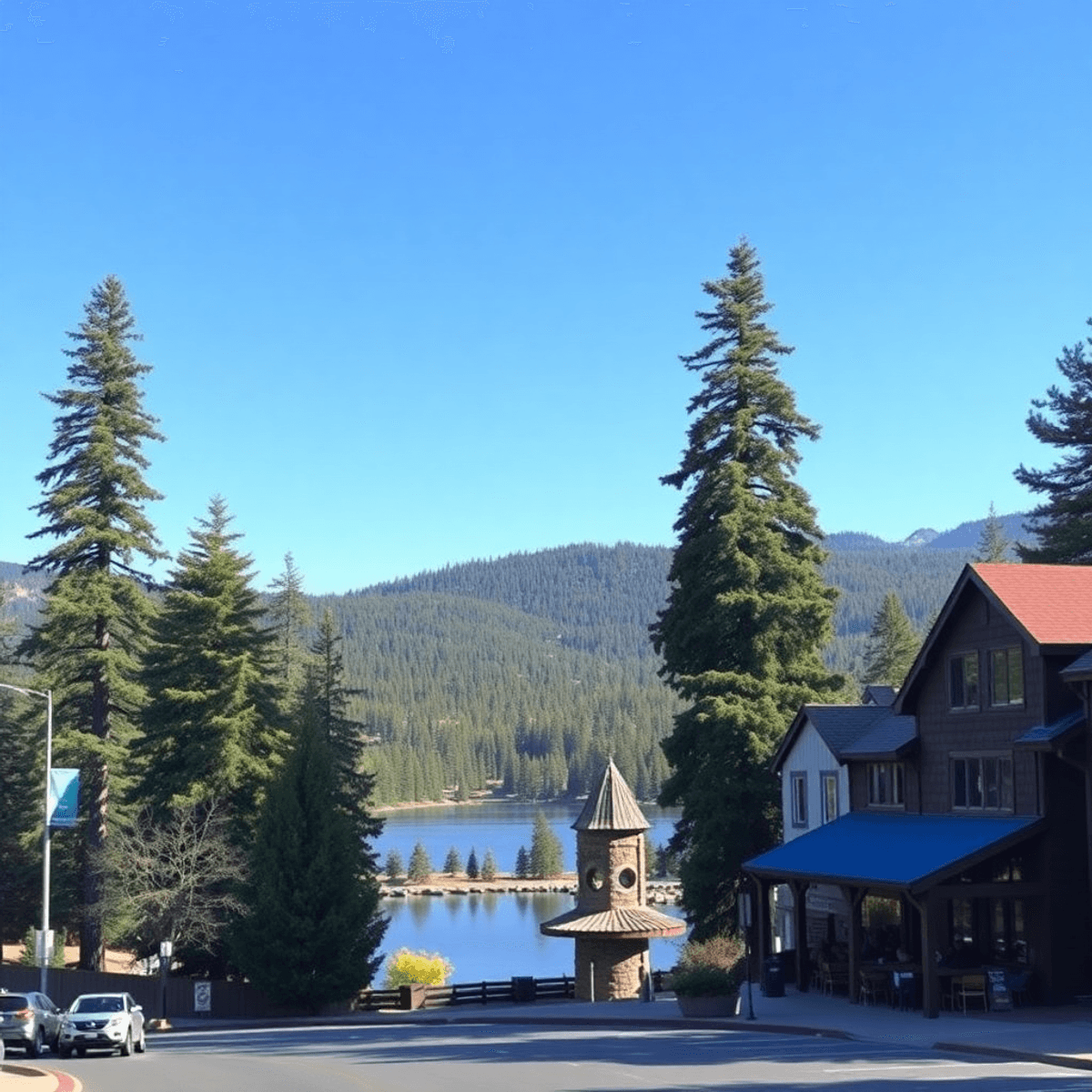 A scenic view of towering sequoias and a serene lake under a bright blue sky, with hiking trails and cozy eateries in the background, embodying out...