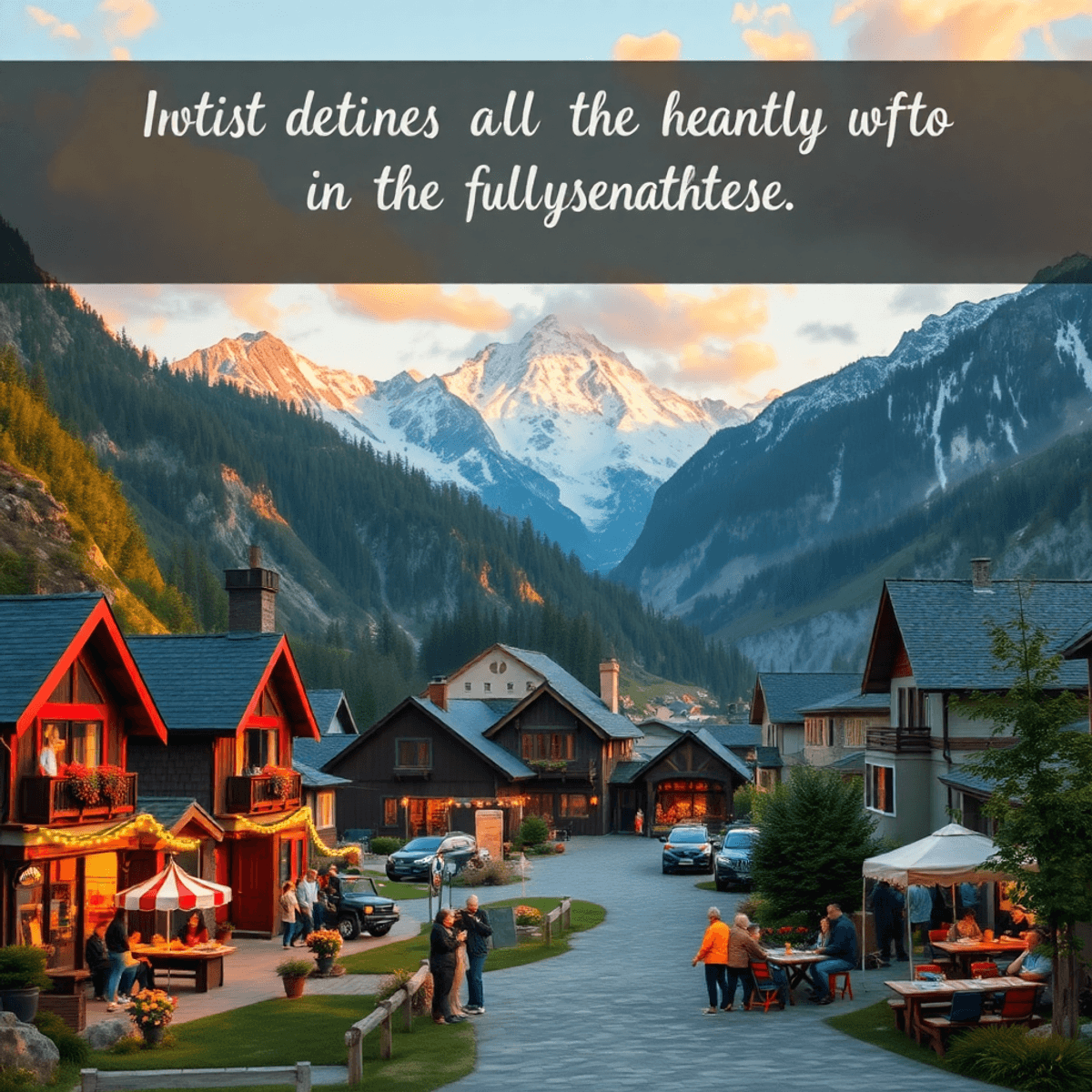 A serene mountain landscape with cozy homes and community spaces, featuring outdoor gatherings and local festivals that evoke connection and warmth.