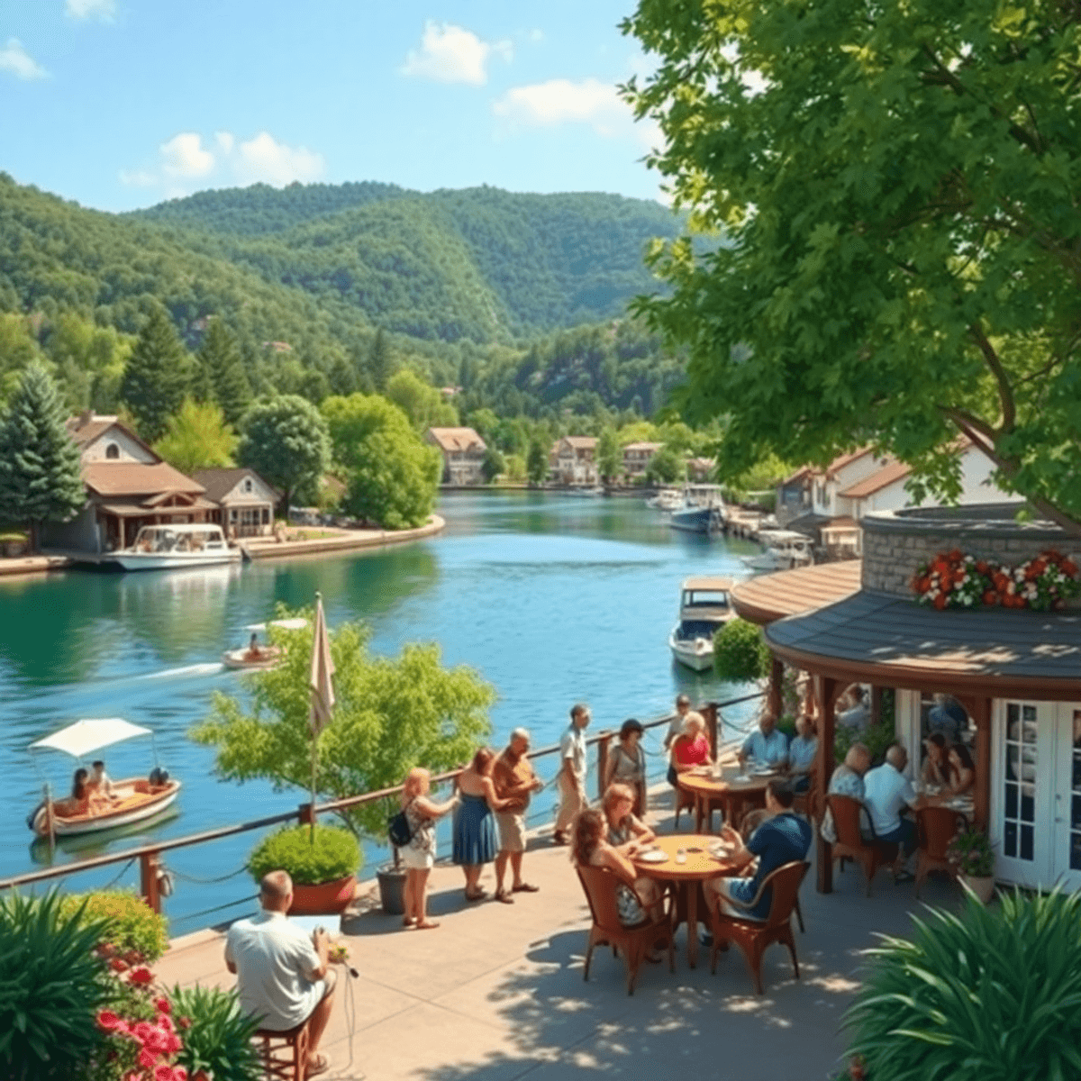 A scenic view of Camanche Village, California, showcasing Camanche Reservoir with people boating and socializing at a waterfront café amid lush gre...
