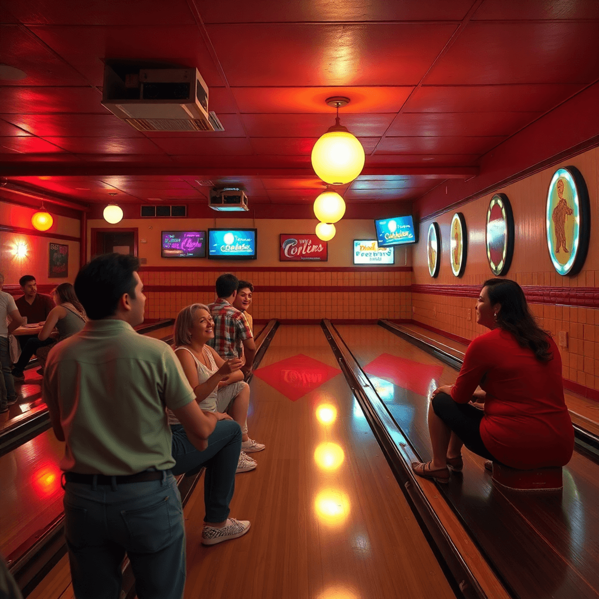 A vintage bowling alley with warm lighting, retro decor, and lively patrons enjoying a fun night out, complete with bowling lanes and a vibrant soc...