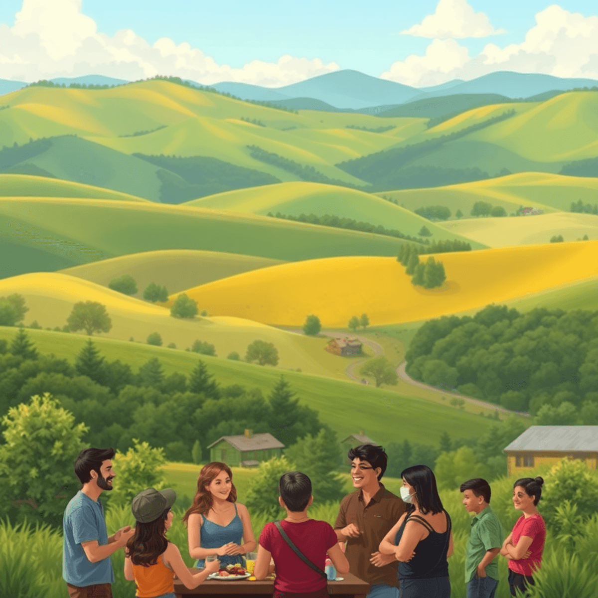 A picturesque rural landscape of Loma Rica, California, with rolling hills and greenery. A cozy community gathering in the foreground shows people ...