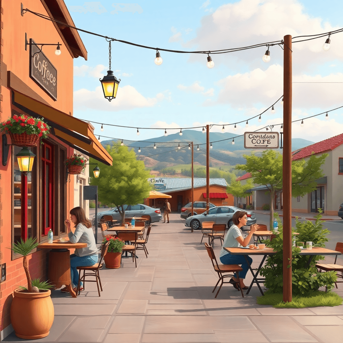 A cozy coffee shop in Boronda, California, with outdoor seating. Friends chat at a table while a couple enjoys coffee, set against a warm, inviting...