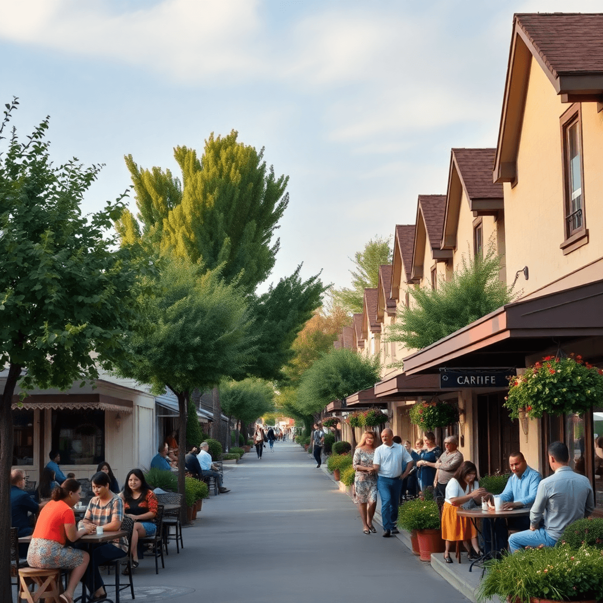 A charming suburban street in East Oakdale, California, lined with trees and quaint houses, featuring a local café with outdoor seating and people ...