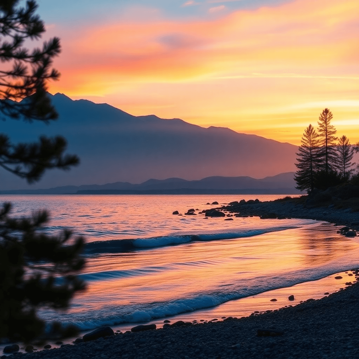 A tranquil sunset over Lake Isabella, with gentle waves, pine trees framing the scene, and the Sierra Nevada mountains in the background, evoking r...