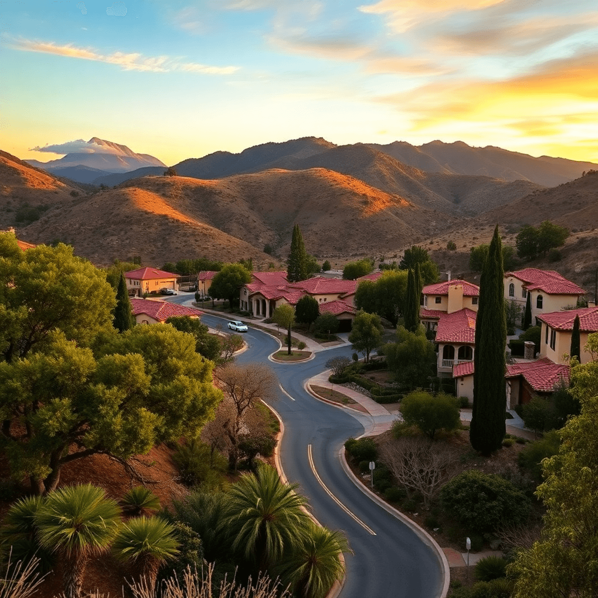A scenic sunset view of Mission Canyon, California, featuring winding roads, native oak trees, and charming Mediterranean-style homes bathed in war...