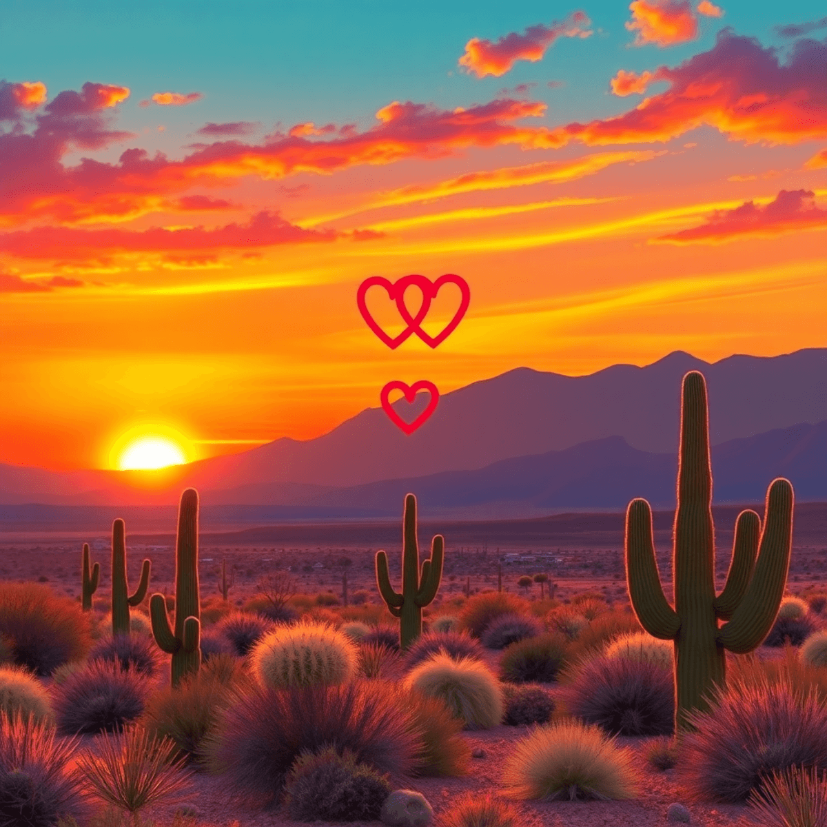A vibrant desert sunset in Searles Valley, California, with cacti and mountains, subtly featuring hearts and rings, evoking romance and connection.