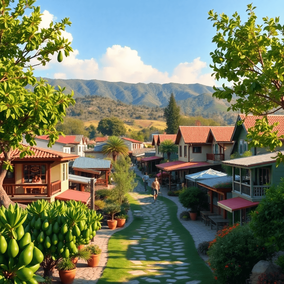 A scenic view of a charming small town in California with lush avocado groves, cozy cafes, and vibrant local festivals, set against inviting landsc...