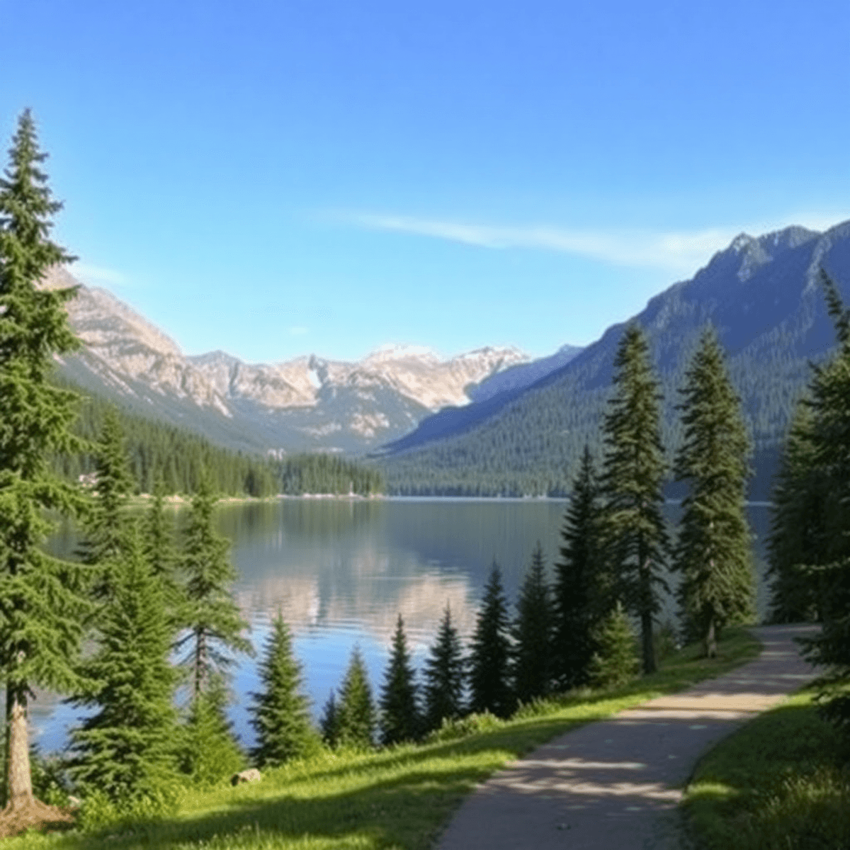 A tranquil Elizabeth Lake scene with majestic mountains and lush pine trees, featuring a reflective lake and a scenic walking path, evoking romance...