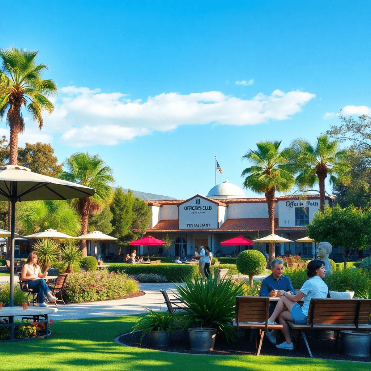 A vibrant outdoor scene at McClellan Park with lush greenery, the Officer's Club Restaurant in the background, and hints of the Aerospace Museum, e...