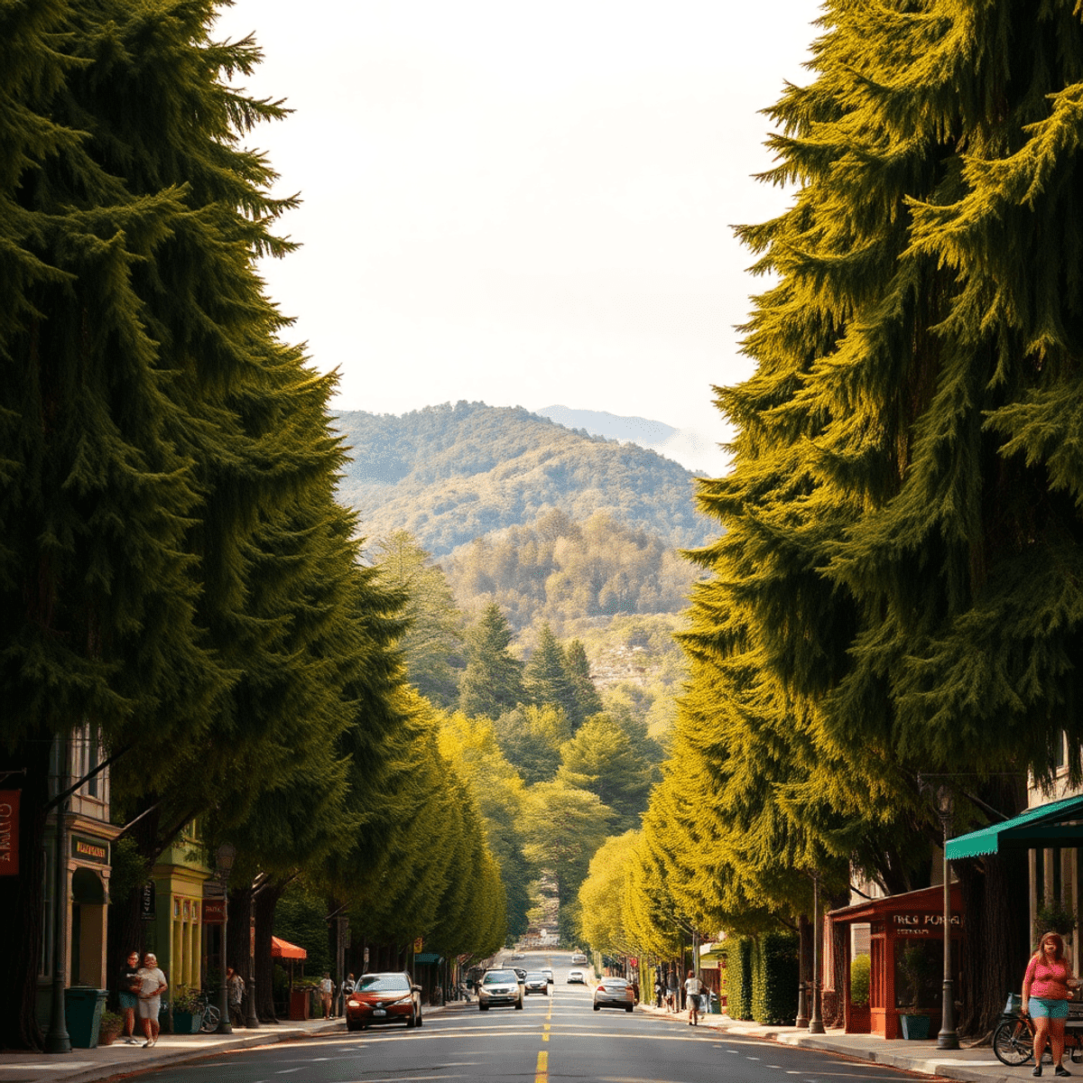 A scenic street lined with tall redwood trees in Marin County, California, featuring hiking trails and local gatherings, creating a warm community ...