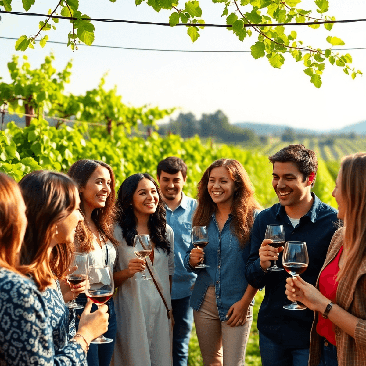 A lively vineyard scene with young professionals enjoying a wine tasting, surrounded by lush green vines, glasses raised, filled with laughter and ...