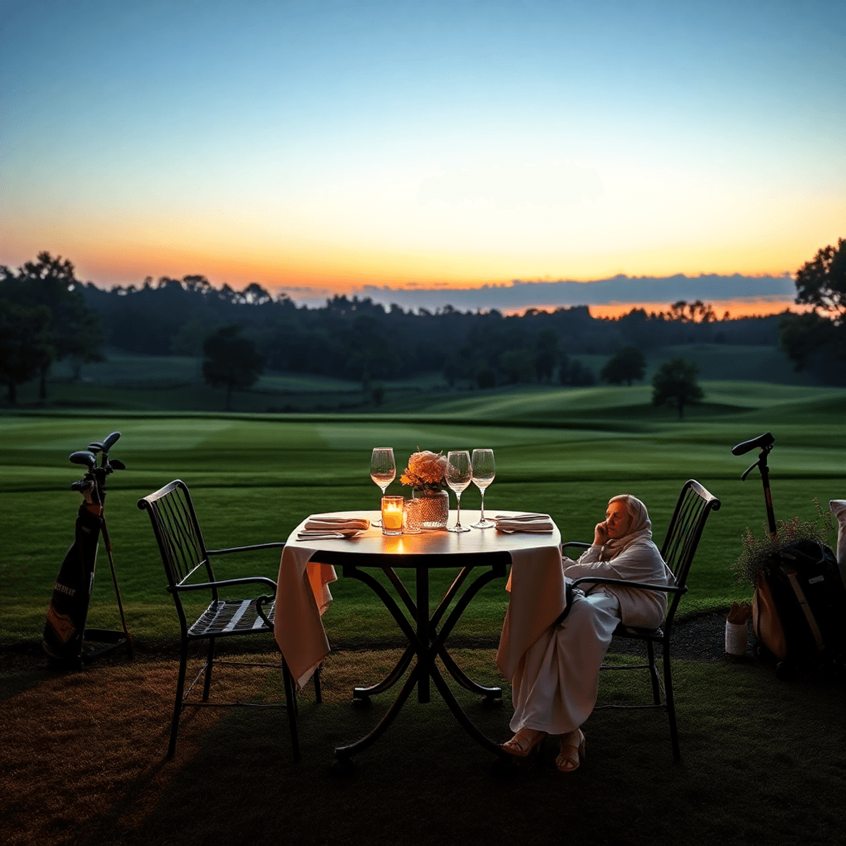 A romantic outdoor dining table for two on a luxurious golf course at sunset, surrounded by manicured greens and golf clubs, creating an elegant at...
