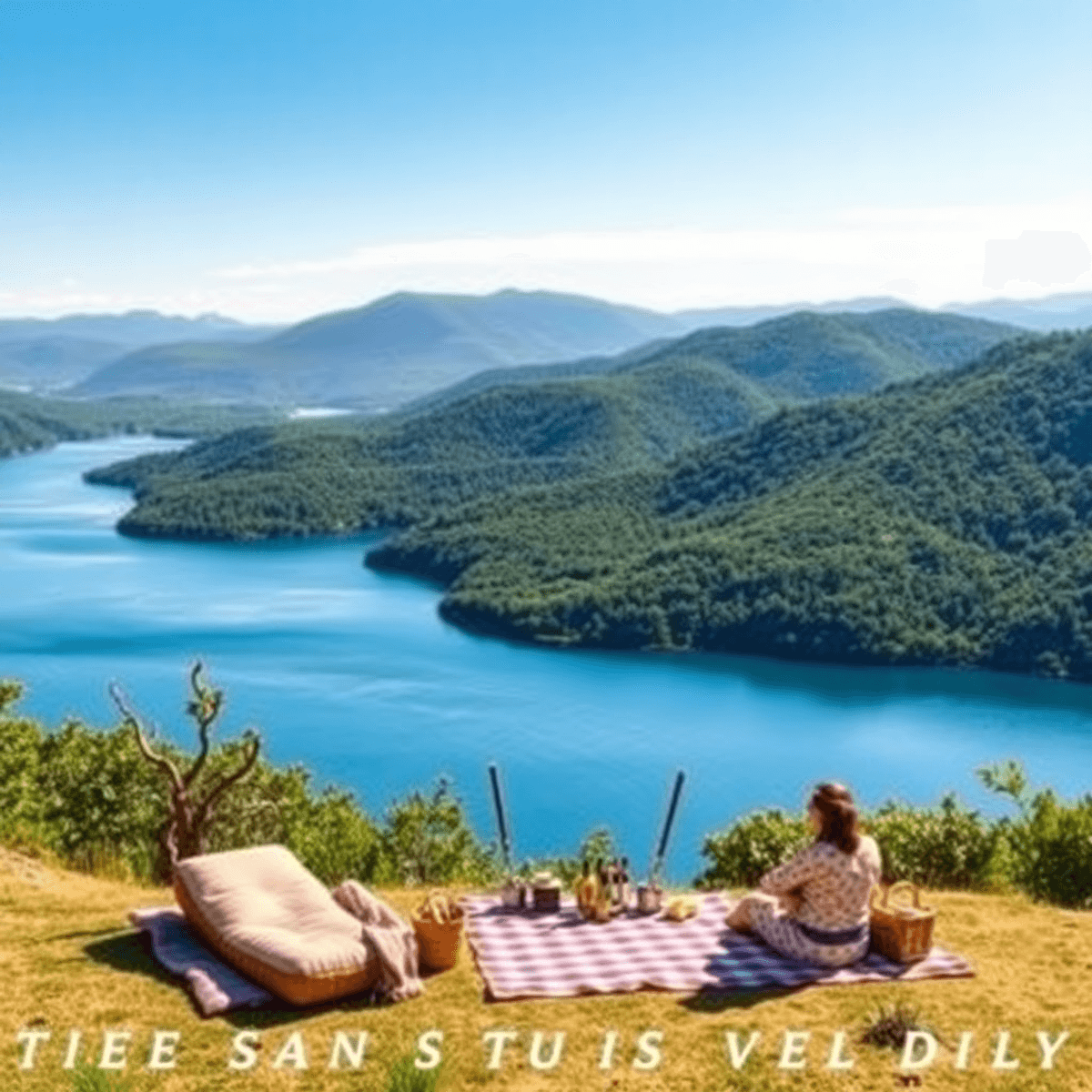 A scenic view of San Luis Reservoir with blue waters and greenery, featuring a picnic setup and a couple enjoying nature against mountain backdrops...