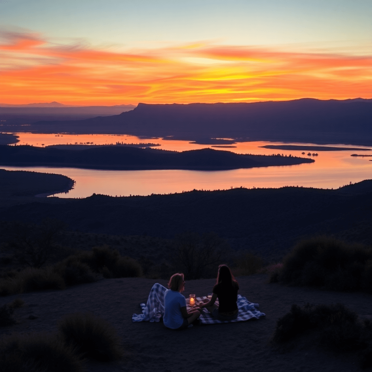 A serene view of Sunbeam Lake at sunset, surrounded by desert landscapes, featuring a couple's silhouette and a picnic setup, evoking romance and c...