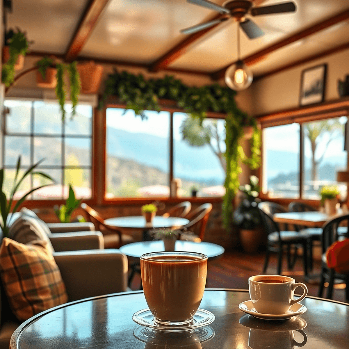 A cozy coffee shop in Terra Bella, California, with a steaming cup of coffee on a table, comfortable seating, and local plants and artwork creating...