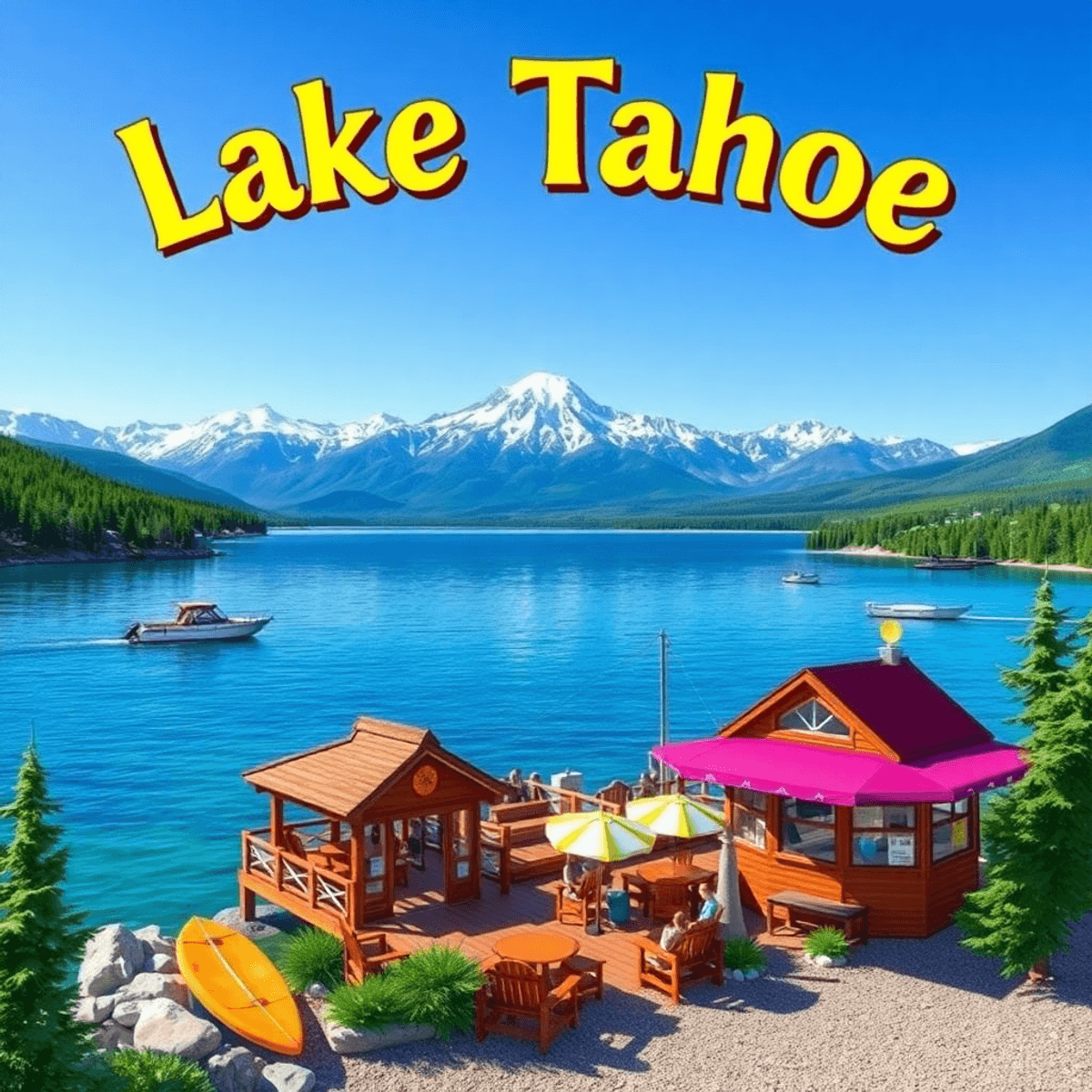 A vibrant lakeside scene at Lake Tahoe with clear water, surrounding mountains, and symbols of outdoor activities and social gatherings, all under ...