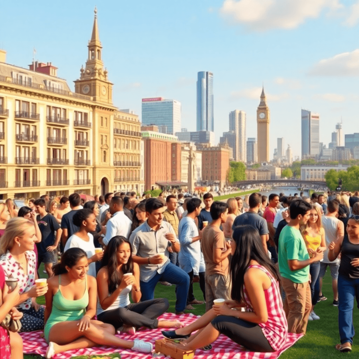 A lively outdoor dating event in a vibrant cityscape, featuring singles mingling on picnic blankets, sipping coffee, and engaging in games and fitn...