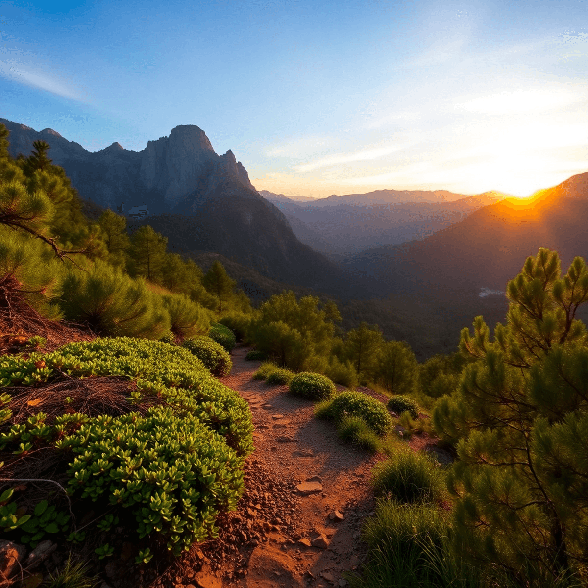 A scenic hiking trail in Descanso, California, surrounded by lush greenery and mountains, with a vibrant sunset casting warm colors over the landsc...